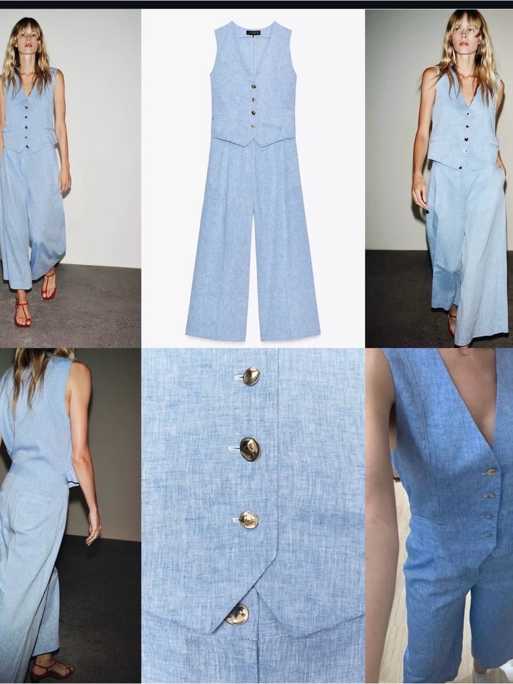Zara Light Blue Linen Vest & Wide-Leg Jumpsuit